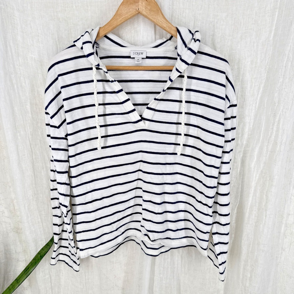 J Crew Striped Hoodie Womens M Nautical Fisherman Coastal Sailor Minimalist Navy